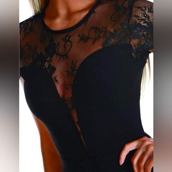 NWOT Sexy Black Mesh Sheer Lace Short Sleeve Bodysuit Leotard Clubwear Top - Picture 2 of 12